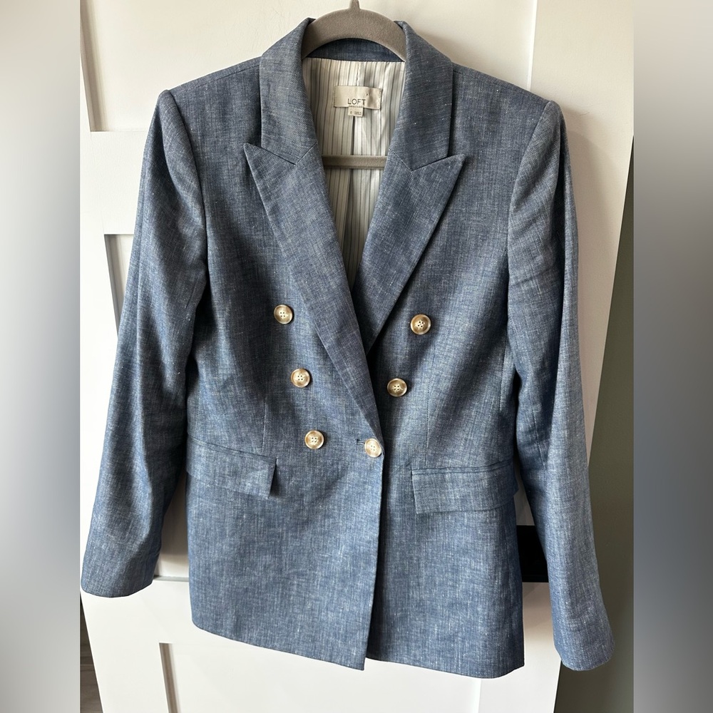 Loft Blue Linen Cotton Blend Double Busted Blazer Jacket Size 0